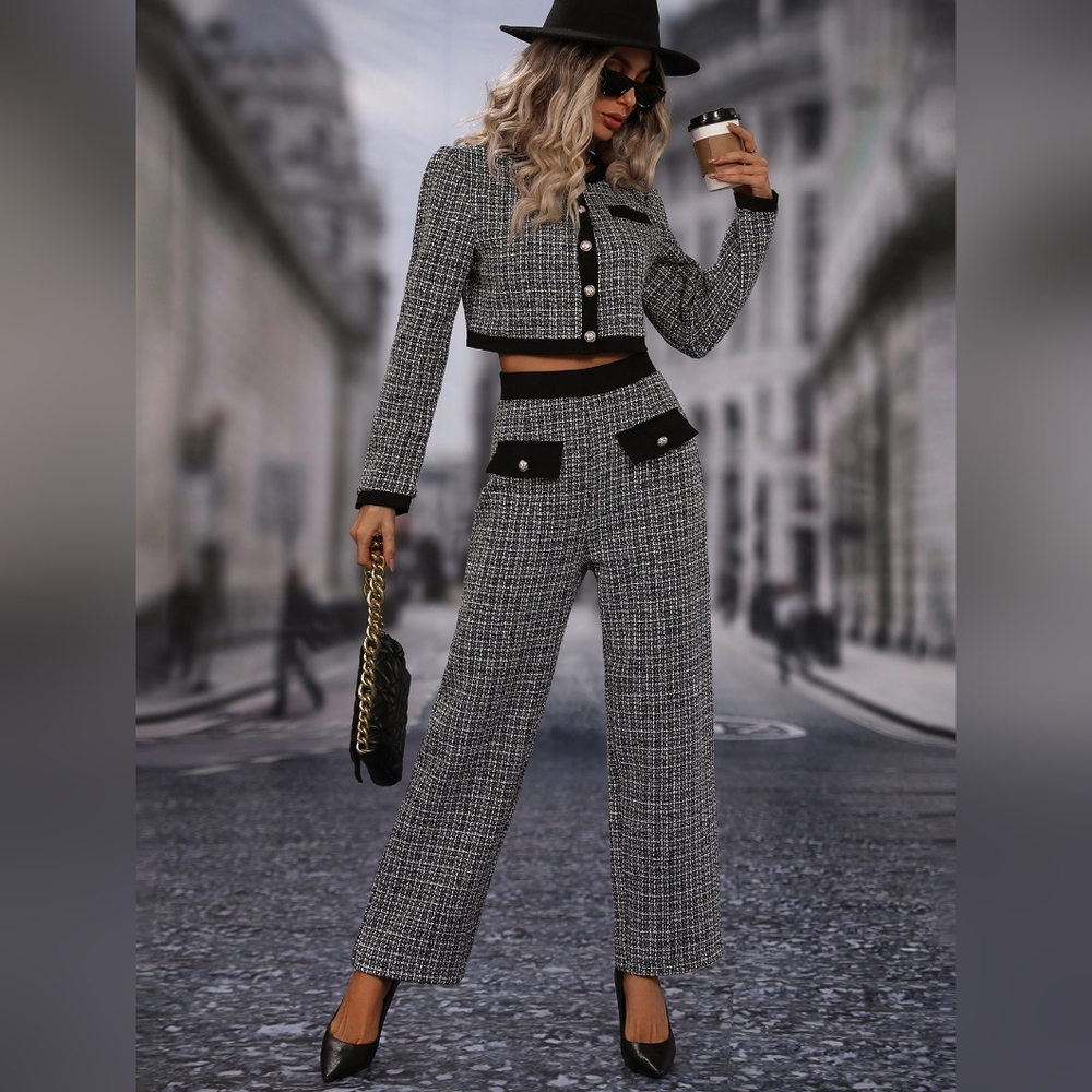 Plaid Print Contrast Trim Crop Jacket & Pants - Picture 2 of 4